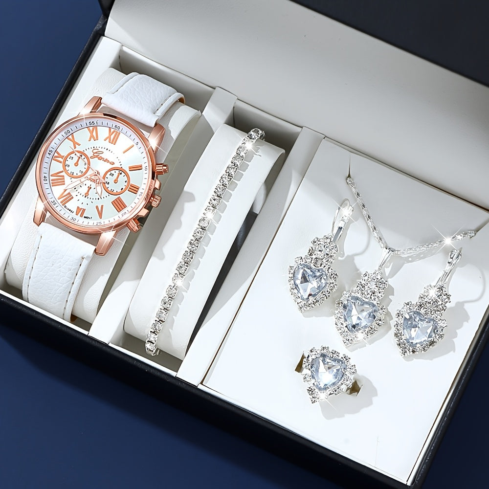 Fashion quartz watch and jewelry set, shock resistant circular analog digital display, PU leather strap, zinc alloy case